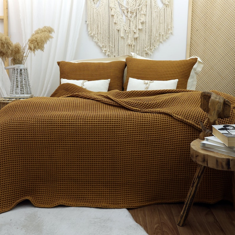 Waffle Cotton Sofa Cover, Soft Sofa Blanket, Boho Sofo Cover, Queen or King Size Bedspread King Shams, Soft Sofa Blanket Caramel Brown