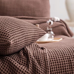 Sage Green Waffle Blanket: Organic Turkish Cotton Bed Cover Chestnut Brown