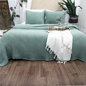 Waffle Cotton Bed Cover, Queen or King Size Bedspread, Soft Bed Throw Sage Green