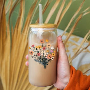 Flower Glass Tumbler | Boho gifts | 16 oz | Glass coffee Tumbler | Gift ideas | Wildflower Bouquet