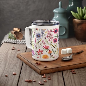 Floral Insulated Coffee Mug, 10oz - Nature Lover Travel Mug, Watercolor Wildflowers mug, Boho
