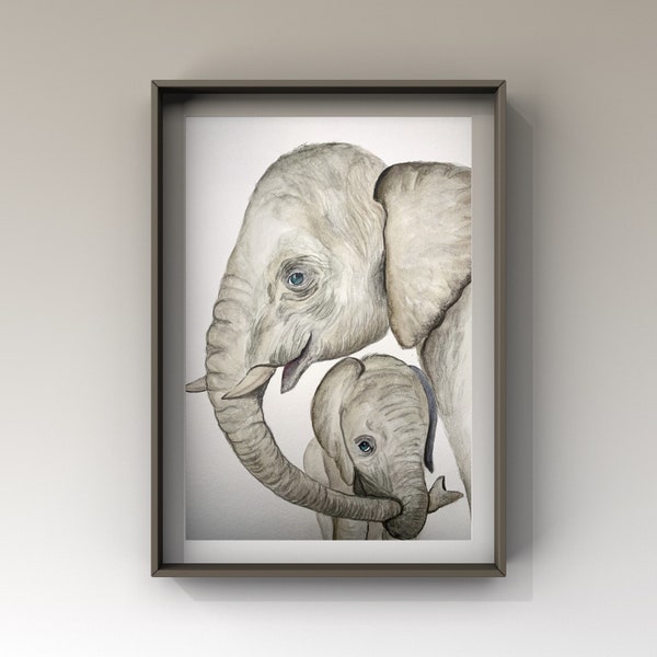 Original watercolor. Mom and baby elephant. Customizable. Baby and child bedroom decoration. Handmade.