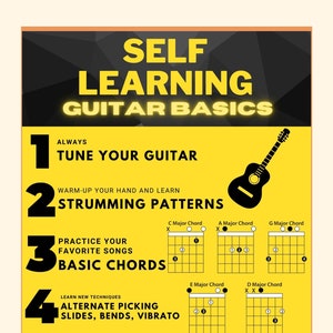 Puede incluir: Un infográfico amarillo y negro con el título "Aprender guitarra por tu cuenta: lo básico". El infográfico enumera cinco pasos para aprender guitarra, incluyendo afinar la guitarra, practicar patrones de rasgueo, aprender acordes básicos y practicar técnicas de punteo alternativo. El infográfico también incluye diagramas de acordes de guitarra.