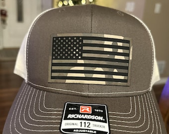 American Flag Leatherette Patch Hat, Patriotic, Snapback, Richardson 112, Laser Engraved Leather, Gift for him or her