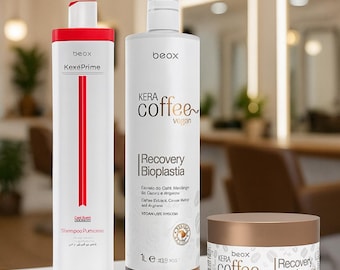 KeraCoffee Vegan Bioplastia Kit, 1L Straightener + 1L Purifying Shampoo (free) + 250g Recovery Mask, Professional Smoothing System