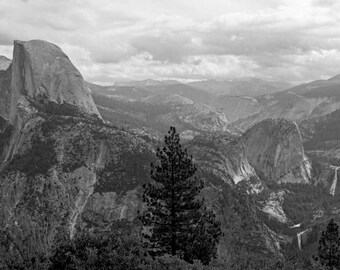 Half Dome and Waterfalls Yosemite National Park Black and White Art Photography