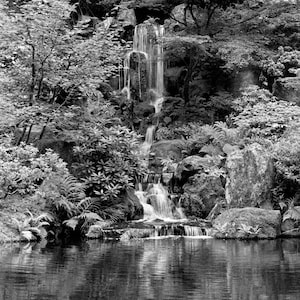 Japanese Garden Waterfall Portland Oregon Black and White Film Scenery