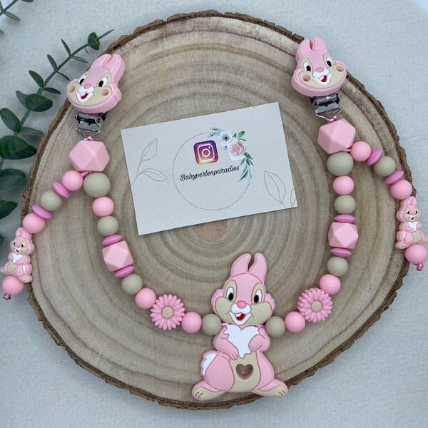 Stroller chain, bunny, pink rabbit lady, pacifier chain