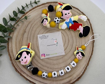 Schnullerkette Set, Pinocchio, Fußball, Holzpuppe, Schnullerkette, Greifring