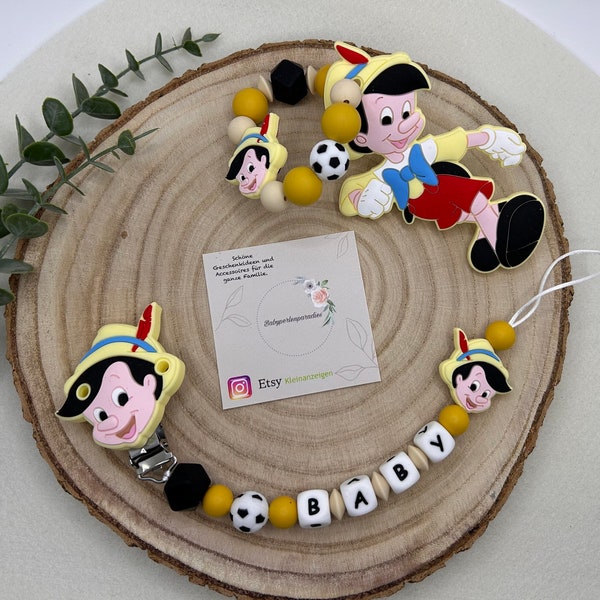 Schnullerkette Set, Pinocchio, Fußball, Holzpuppe, Schnullerkette, Greifring