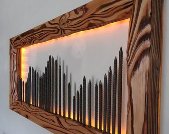 Burnt Live Edge Wood Wall Art ~ Shou Sugi Ban Frame ~ Steel Rebar Waves ~ LEDs