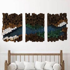 May include: A three-piece wall art set composed of small, square wooden blocks arranged in a textured mosaic. The blocks are stained in varying shades of dark brown, deep blue, forest green, and white, creating a landscape-like pattern across panels.