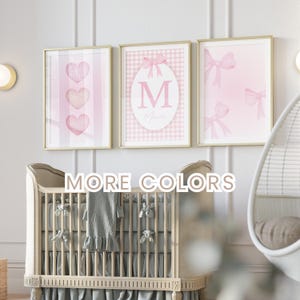 Personalized Pink Nursery Art Set of 3, Custom Baby Girl Name Initial Print, Hearts Bows Gallery Wall, Digital Download, Baby Shower Gift