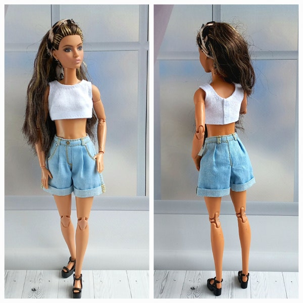 Barbie doll jeans shorts,  jeans shorts for barbie doll, denim shorts for Barbie doll,  Summer outfit for barbie doll, realistic denim pants