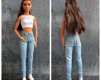 Barbie-Puppenjeans, realistische Jeans für Barbie-Puppe, Jeanskleidung für Barbie-Puppe, handgefertigte Jeans für Barbie-Puppe