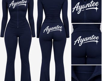 Custom Ayantee 2 Piece Velour Tracksuit Set | Women’s Navy Blue Zip Up Set | Personalized Name Lounge Set | Y2K HBCU Outfit