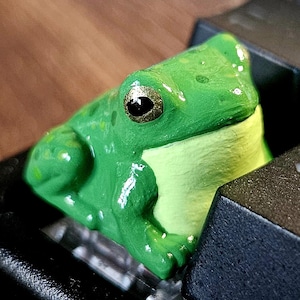 Puede incluir: Una tecla de teclado mec&aacute;nico con forma de rana verde, con el vientre amarillo claro y ojos negros, colocada en un teclado negro junto a una tecla con un s&iacute;mbolo de flecha bidireccional y el texto HIKO 3D en un logotipo circular.