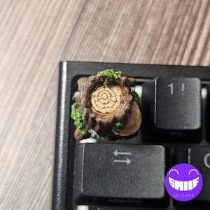 K&ouml;nnte beinhalten: Eine individuelle Artisan-Tastenkappe in Form eines braunen Baumstumpfes mit hellbrauner Holzmaserung und texturierten gr&uuml;nen Moosakzenten, installiert auf einer schwarzen mechanischen Tastatur neben einer 1!-Taste und einer Doppelpfeiltaste.