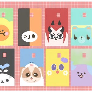 May include: A collection of eight colorful gift tags with cartoon animal faces. Each tag has a unique design, including a bear, dog, and devil. The tags are rectangular with a square hole at the top for hanging, set against a pink grid background.