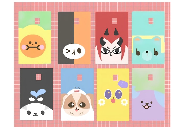 May include: A collection of eight colorful gift tags with cartoon animal faces. Each tag has a unique design, including a bear, dog, and devil. The tags are rectangular with a square hole at the top for hanging, set against a pink grid background.