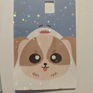 May include: A rectangular tag with a cartoon dog and shark design. The dog has brown and white fur, large black eyes, and a pink tongue. The shark is white with a red mouth. The background is light blue with sparkling stars.