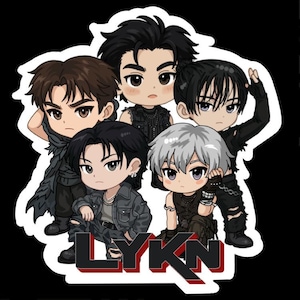 May include: A sticker featuring five stylized male figures with large eyes and various hairstyles. They are dressed in black and gray outfits. The sticker has the text "LYKN" in red and black. The background is black.