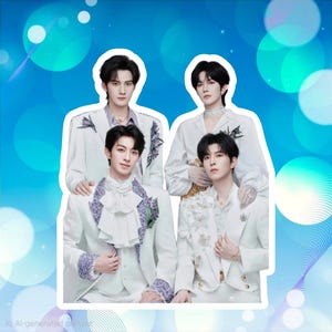 May include: Four individuals are arranged in a group portrait, wearing white formal suits with intricate purple and silver floral embellishments. One person wears a white ruffled cravat, while others feature lace details and gold buttons.