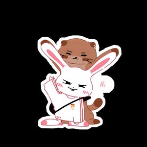 May include: A sticker featuring a cartoon illustration of a white bunny wearing a red and white shirt, hugging a brown otter. The bunny has pink ears and the otter has a friendly expression. A speech bubble says "Hi".