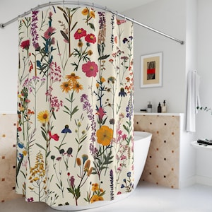 Botanical Shower Curtain Wildflowers Cottagecore Shower Curtain Whimsical Bath Decor Floral Shower Curtain Botanical Boho Home Decor