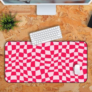 Pink Checkered Desk Mat Checker Pattern Mouse Pad Office Accessories Gift For Coworker Retro Vintage Desk Mat Wavy Checkered Groovy Decor