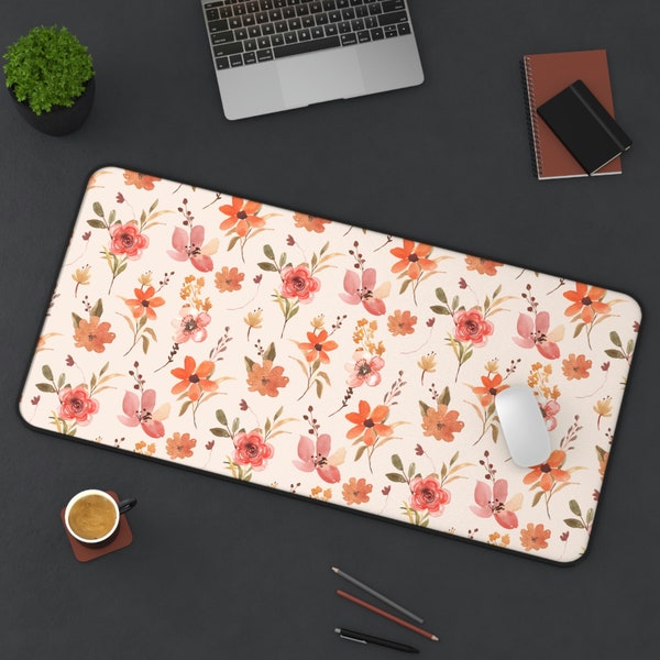 Floral Desk Mat, Terracotta Pressed Wildflowers, Trendy Workspace, Boho Chic, Girly Desk Mat, Mid Century Modern Desk Mat, Floral Mouse Pad