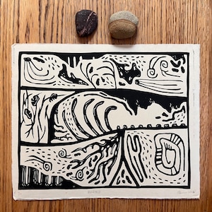 Buried | original linocut | handmade linoprint | limited edition | relief print | nature art | earth and environmental | 10x8