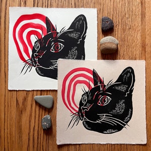 Fig Face Variation 1 | original linocut | handmade linoprint | limited edition | relief print | cat print | cat art | 7x7