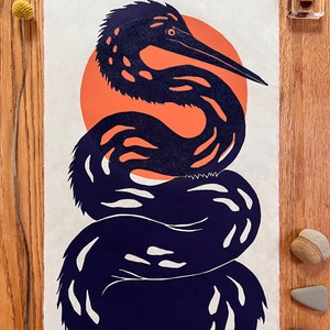 Curvy Egret | original linocut | handmade linoprint | limited edition | relief print | birds | nature | beach | sunset | 11x17