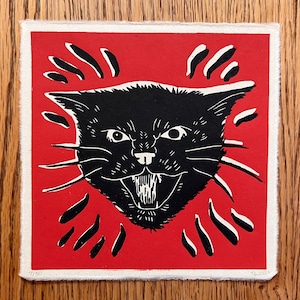 Scary Cat | original linocut | handmade linoprint | limited edition | relief print | cat | Halloween | spooky | fall | 5.5x5.5