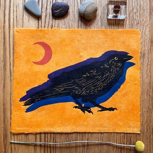 Moon Crow | original linocut | handmade linoprint | limited edition | relief print | crow | Halloween | spooky | fall | 8x10