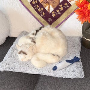 May include: A plush cat figurine with cream-colored fur and dark brown markings on its head and back, curled in a sleeping position on a light gray textured square mat, accompanied by a small blue and white fish-shaped toy resting beside it.