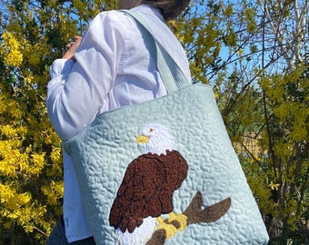 Quilted Bald Eagle Tote Bag: Handmade Bird Lover Gift with Scarf