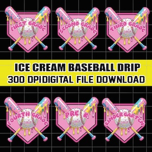 Ice Cream Baseball Drip Back to School PNG Bundle, Dripping Kindergarten Design, First Day PNG, Pre-K to Third Grade Png,School Boy Girl Png