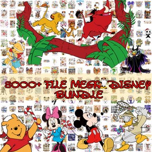 May include: A colourful collage showcasing Disney characters such as Simba, Timon, Pumbaa, Mickey Mouse, and Winnie the Pooh. The image includes the text "8000+ FILE MEGA DISNEY BUNDLE" in a bold, stylised font, displaying a variety of Disney-themed designs.