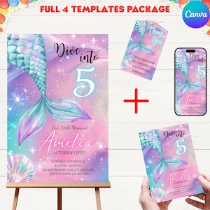 May include: A mermaid-themed birthday party invitation package. The design features a mermaid tail in shades of blue and purple, with the text "Dive into 5" and "Our Little Mermaid Amelia is turning five!" The package includes a large poster, a thank you tag, a phone mockup, and a smaller invitation.