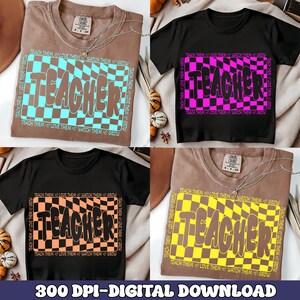 Retro Neon Teacher Png Bundle, Colorful Checkered Teacher Sublimation, Back To School Png, Groovy Love Them Teach Them Watch Them Grow Png