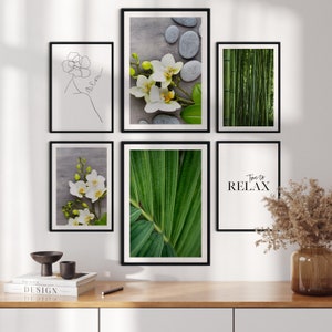 Camera da letto | Bagno | Murales | Cornice | Set di 6 poster | È ora di rilassarsi | Pietre per orchidee spa | Bambù | Disegno del Fauno