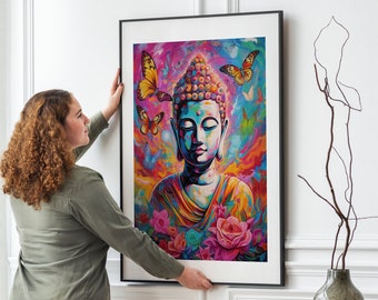 Trenvay® Premium Poster | Wohnzimmer Bild | Wandbild Schlafzimmer | Deko Print mit Rahmen 50 x 70 | Wanddeko - Bunter Buddha Kunst Druck