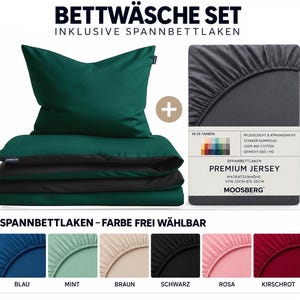 Könnte beinhalten: Ein Bettwäsche-Set mit einem dunkelgrünen Kissenbezug und Bettbezug sowie einem dunkelgrauen Spannbettlaken. Die Verpackung zeigt den Text BETTWÄSCHE SET, PREMIUM JERSEY und MOOSBERG sowie eine Farbpalette in Blau, Mint, Braun, Schwarz, Rosa und Kirschrot.