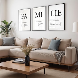 Minimalistisches Familien Poster-Set mit den Worten chaotisch, laut und liebenswert