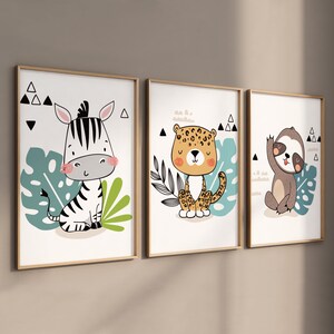 Set di 3 poster, immagini decorative, cameretta dei bambini, immagini di poster per bambini, regalo per battesimo, poster per bambini A5/A4/A3/A2 - animali safari - motivo animale