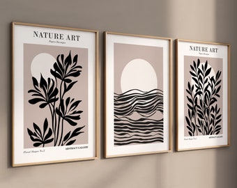 Fotolijstposters, muurfoto's, woonkamer, slaapkamer, haldecoratie, set van 3 posters, muurkunstfoto's - Boho Art - Natuur - Bloemen - Zon