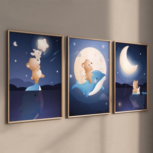 Set de 3 pósters, fotomurales para habitaciones infantiles, pósters de marcos, regalo de cumpleaños - habitación del bebé - oso - pared - luna - animales
