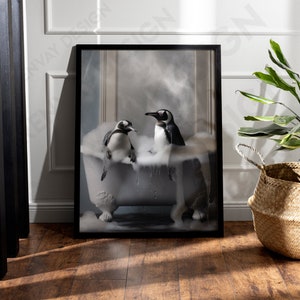 Imágenes de pared A5 A4 A3 A2 A1 Póster premium | Póster de baño aseo de invitados | Impresión decorativa con marco | Bañera pingüinos madre y pingüinos bebe